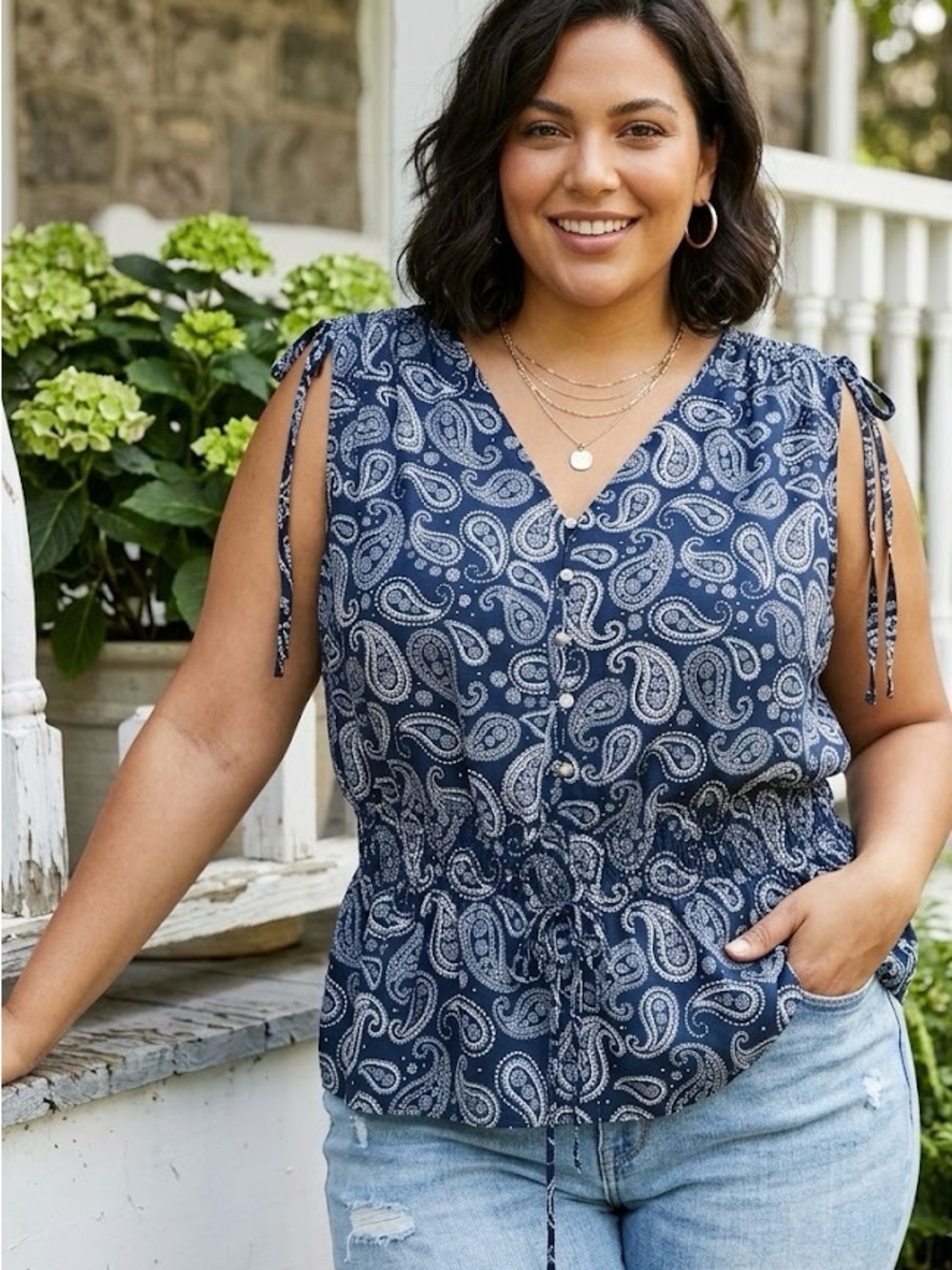 Tommy Hilfiger Navy Paisley Smocked Waist Blouse XXL